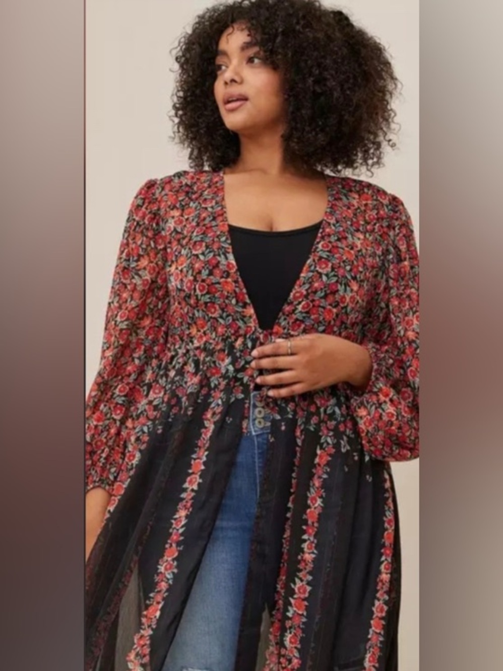 Torrid Lurex Chiffon Tie Front Maxi Floral Top Top Duster Kimono 1 1x Festival